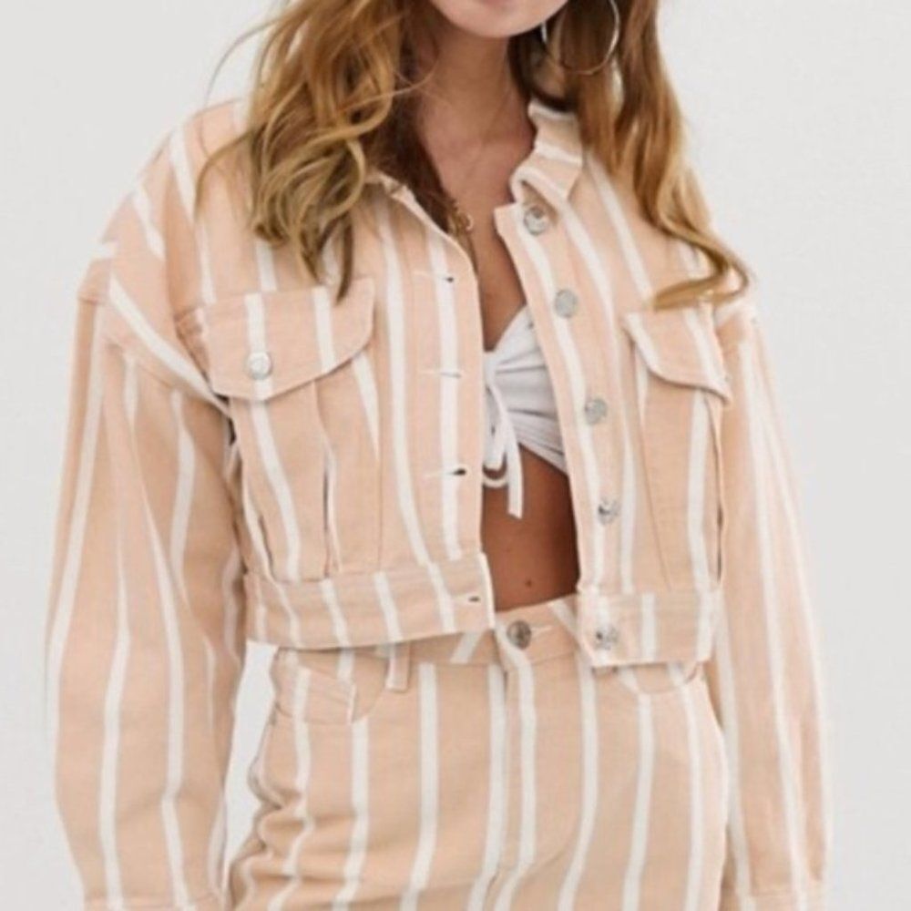 Missguided cropped striped tan denim jacket